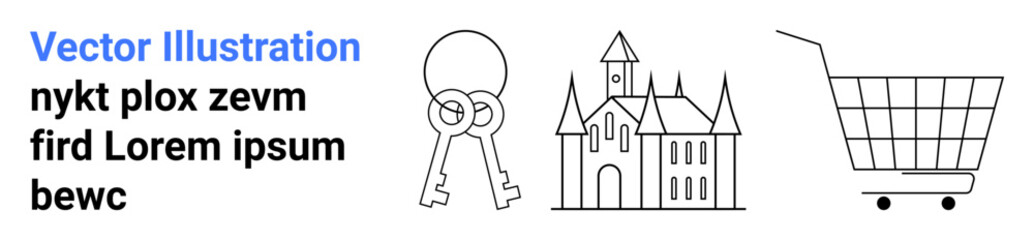 Keys and shopping cart beside Gothic-style building. Ideal for online security, e-commerce, architecture, retail, technology, fantasy, real estate. Banner for landing page
