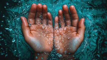Hands Cupping Water, Splashing Teal Water