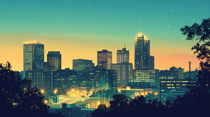 Fototapeta premium Beautiful youngstown ohio skyline at dusk with illuminated buildings and clear blue sky background. Nightfall. Illustration