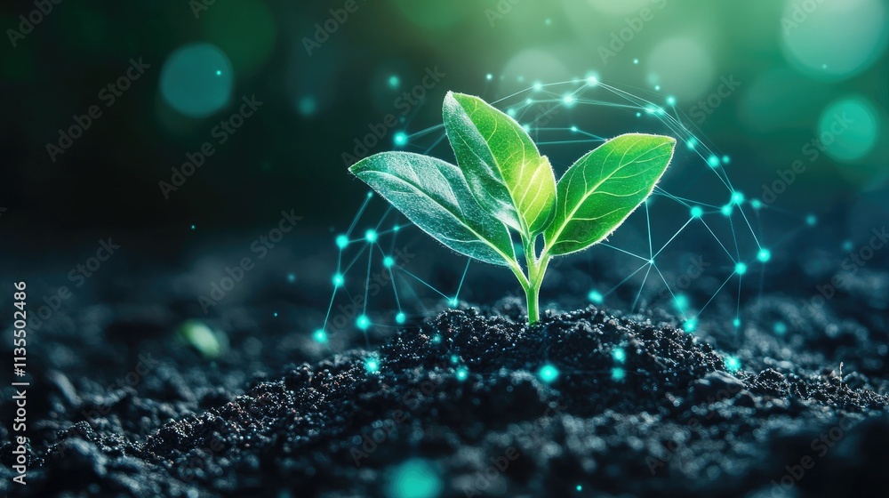 Poster fresh seedling growing in soil with digital network connection