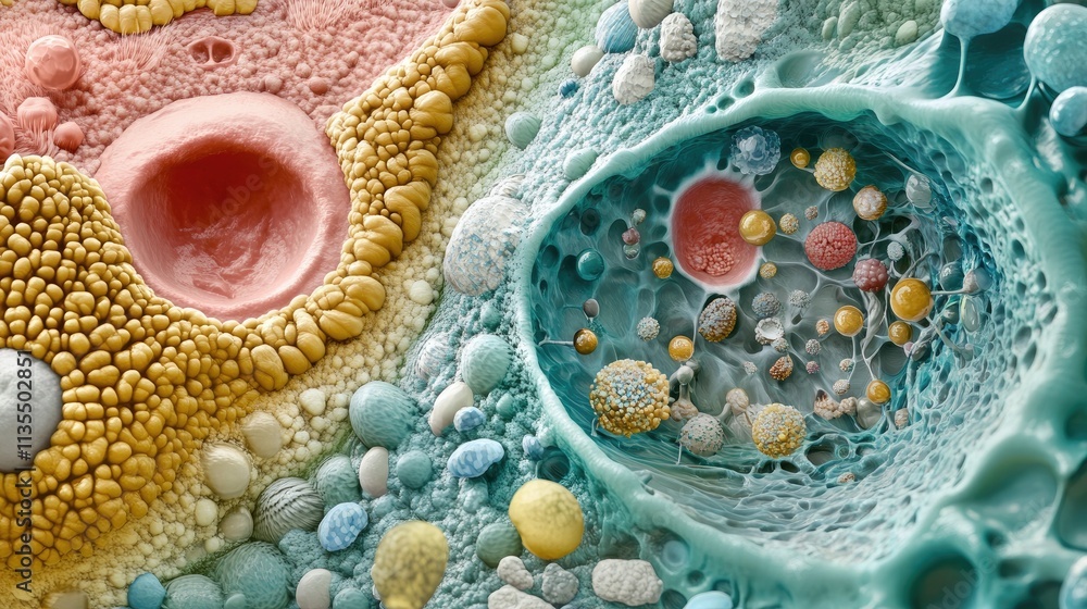 Poster colorful abstract representation of cellular structures and microorganisms