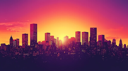 City skyline at sunset with vibrant colors. Nightfall. Illustration