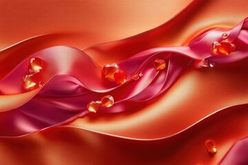 Abstract Red and Orange Silk Fabric with Heart-Shaped Details
