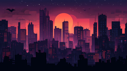 Dystopian gotham city at night, evoking a somber atmosphere. Nightfall. Illustration