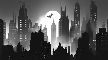 Dystopian gotham city at night, evoking a somber atmosphere. Nightfall. Illustration