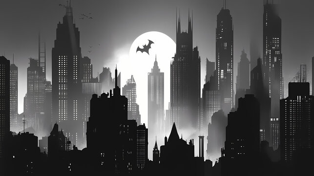 Dystopian gotham city at night, evoking a somber atmosphere. Nightfall. Illustration