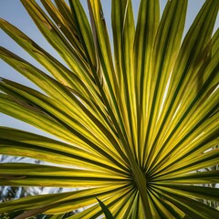 Close-Up of a Palm Frond with Detailed Green and Yellow Patterns, Sunlight Filtering Through the Leaves