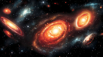 Fiery red and orange space nebula swirling around star clusters, with vibrant gas clouds creating a striking cosmic effect. Nightfall. Illustration