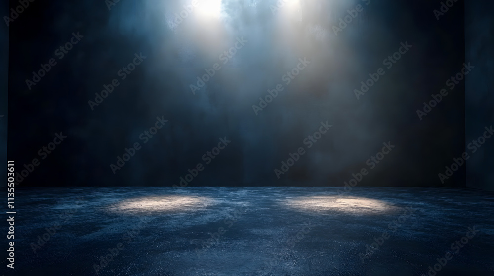 Poster an empty studio room with a dark background, designed for product showcases with spotlight features.