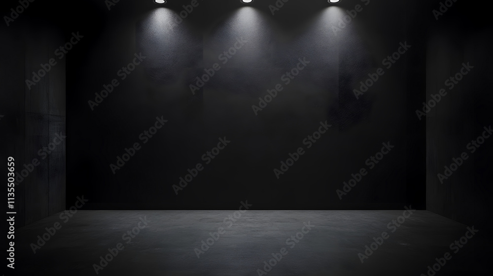 Poster an empty studio room with a dark background, designed for product showcases with spotlight features.