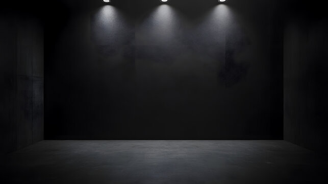 An empty studio room with a dark background, designed for product showcases with spotlight features.