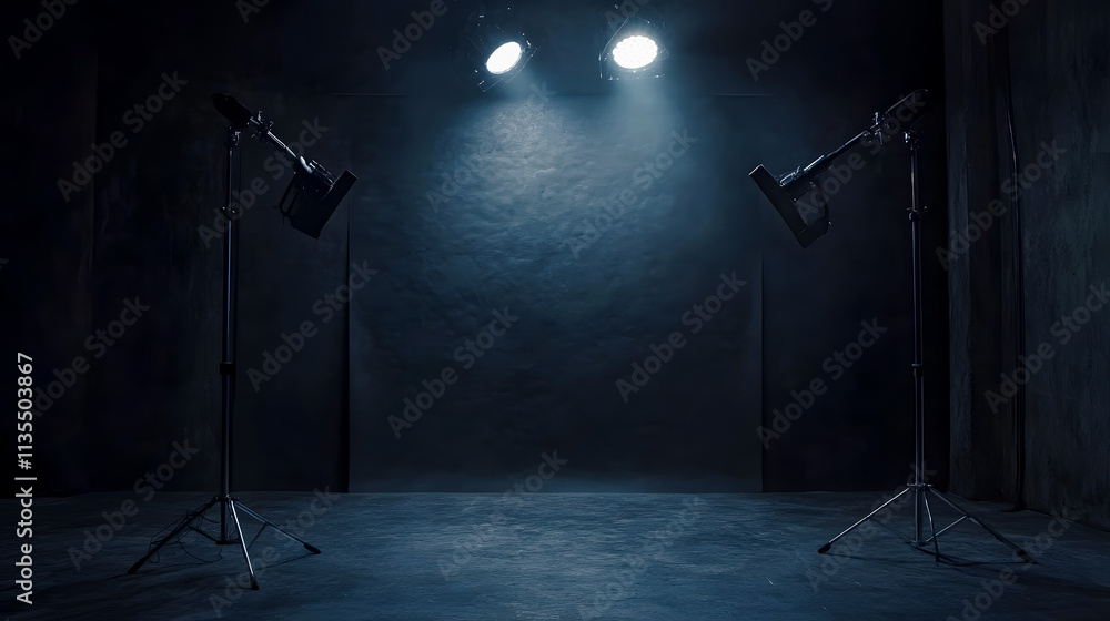Poster an empty studio room with a dark background, designed for product showcases with spotlight features.