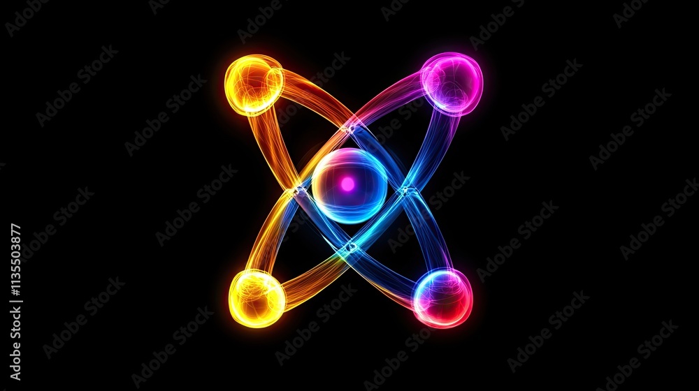 Poster colorful abstract representation of atomic structure in dark background