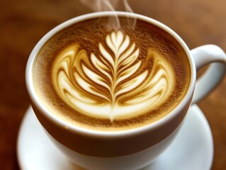 A beautifully crafted latte with intricate foam art, served in a white cup on a saucer.