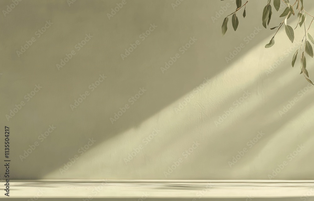 Poster light beam on wall and leaves with shadows on surface.