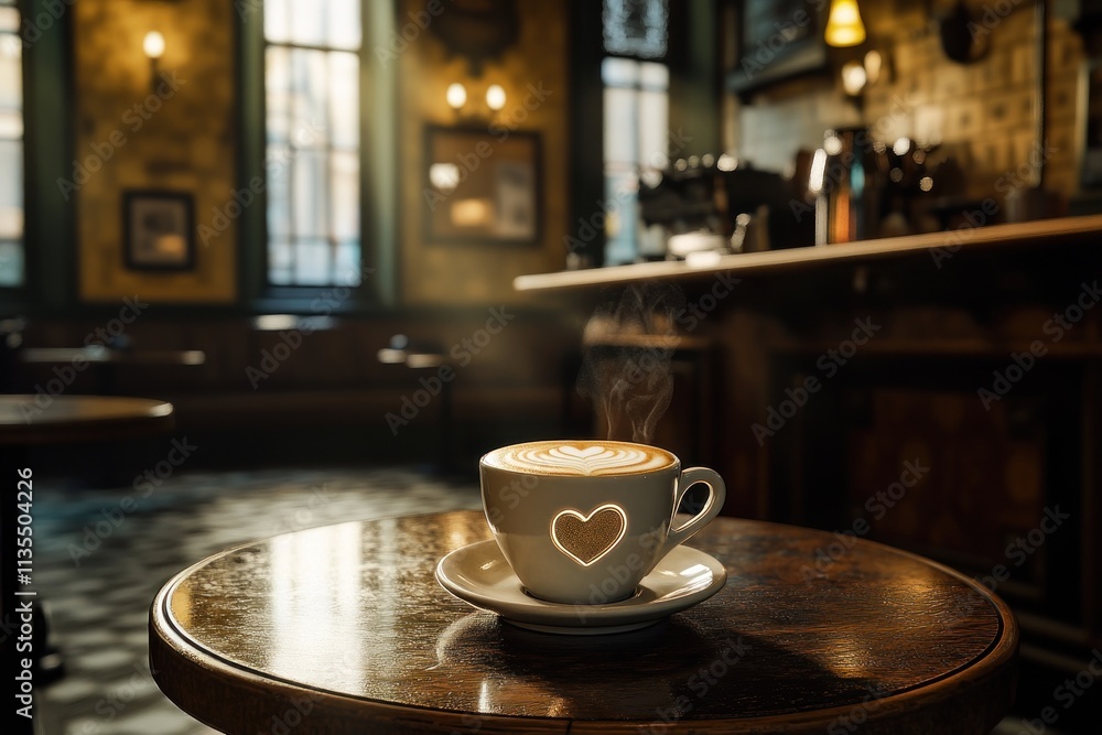 Poster steaming latte with heart on cafe table, soft lighting.