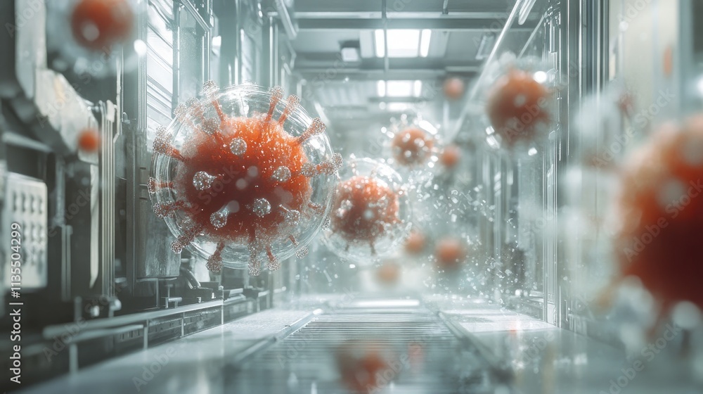 Poster virus particles floating in a high-tech laboratory environment