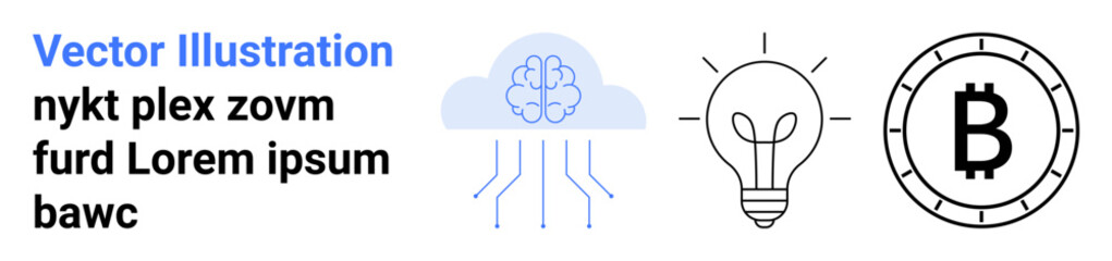 Brain cloud network, light bulb, and Bitcoin symbol. Ideal for technology, innovation, AI, cryptocurrency, finance, brainstorming blockchain Landing page