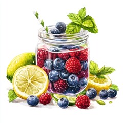 A refreshing jar filled with blueberries, raspberries, and lemon slices, garnished with mint.