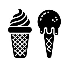 Ice Cream Cone Icon Set: A classic pair of ice cream cones, one with a swirl and the other with a round scoop, both melting delightfully.  Perfect for menus, social media graphics, and branding.  