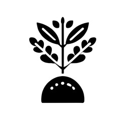 Seedling Sprout Growth Icon: Simple black and white icon depicting a seedling sprouting from the ground, symbolizing new beginnings, growth, and development.  
