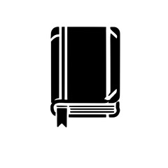 Book Icon: A simple and bold black silhouette of a closed book with a ribbon bookmark. Perfect for representing knowledge, education, literature, and learning. 