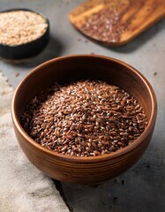 A wooden bowl filled with flax seeds.