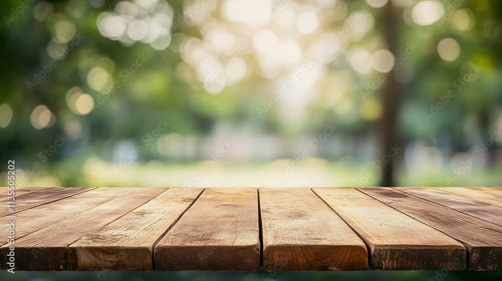 Poster empty wooden table for product placement with a blurred bokeh background