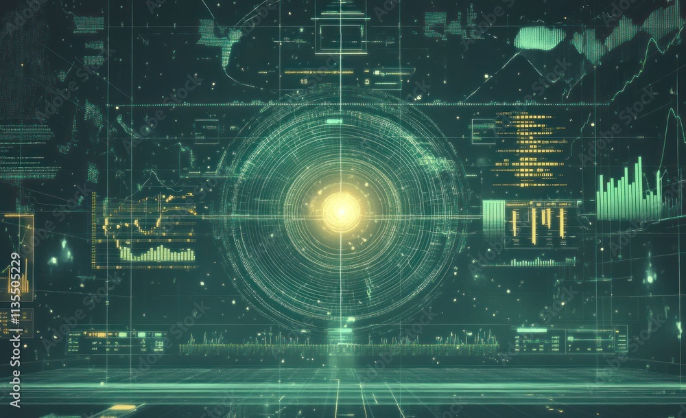 Fototapete abstract data dashboard with central glowing portal and graphs.