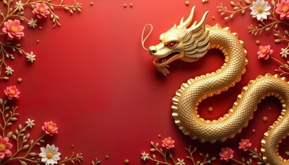 Fototapeta premium Gold dragon design on red background with flowers. Festive Chinese New Year graphic. Luxurious, vibrant. Ideal for greeting cards backgrounds. Celebrate Chinese Lunar New Year. Traditional, elegant