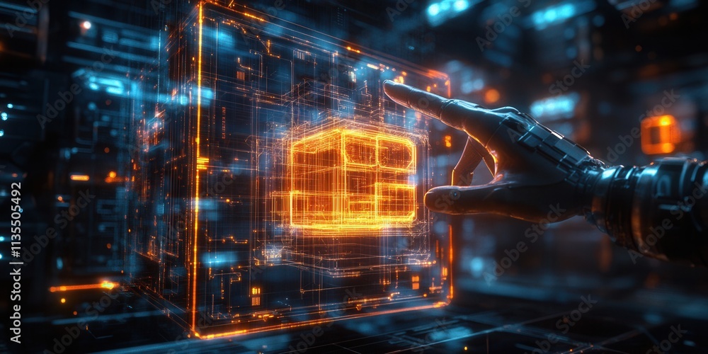 Poster holographic robotic construction unit for modular building design, showcasing advanced technology an