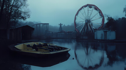 A poem evoking the eerie atmosphere of an abandoned theme park at dusk ai_generated. Nightfall. Illustration