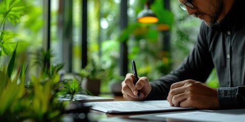 Businessman using stamp on important documents at an office desk surrounded by greenery