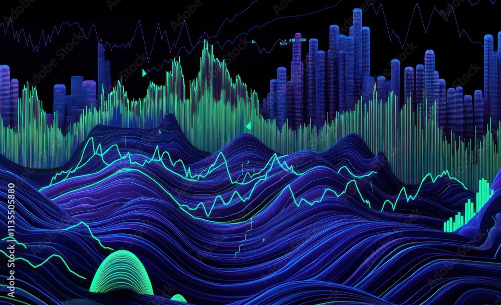 Poster Abstract vibrant data visualization with hills and lines.
