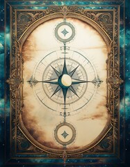 Naklejka premium Celestial Compass: A mystical artwork featuring a compass and celestial elements against a cosmic backdrop.