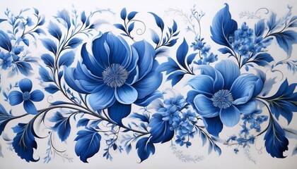 Stunning blue floral painting. Lush blossoms and intricate details create a captivating piece.