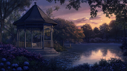 Fototapeta premium A serene twilight gazebo offering a peaceful refuge between day and night, bathed in soft, calming light. Nightfall. Illustration
