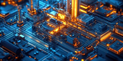 Fototapeta premium Futuristic electric vehicle factory blueprint illuminated by AI innovation, showcasing advanced design and cutting-edge technology