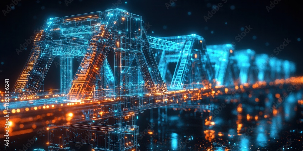 Poster glowing blueprint of an innovative self-repairing robotic bridge system, showcasing advanced technol