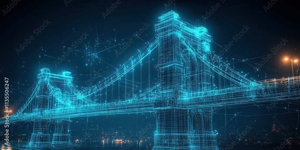 Poster illuminated design of an advanced self-repairing robotic bridge system showcasing innovative enginee