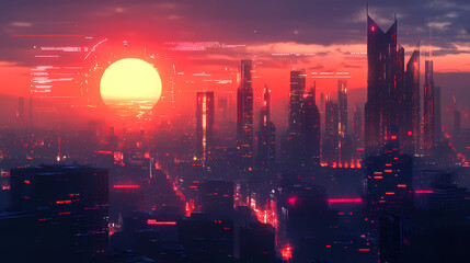 Fototapeta premium A stunning futuristic cityscape at sunset with a digital data overlay and glowing lights, representing technology and innovation. Nightfall. Illustration