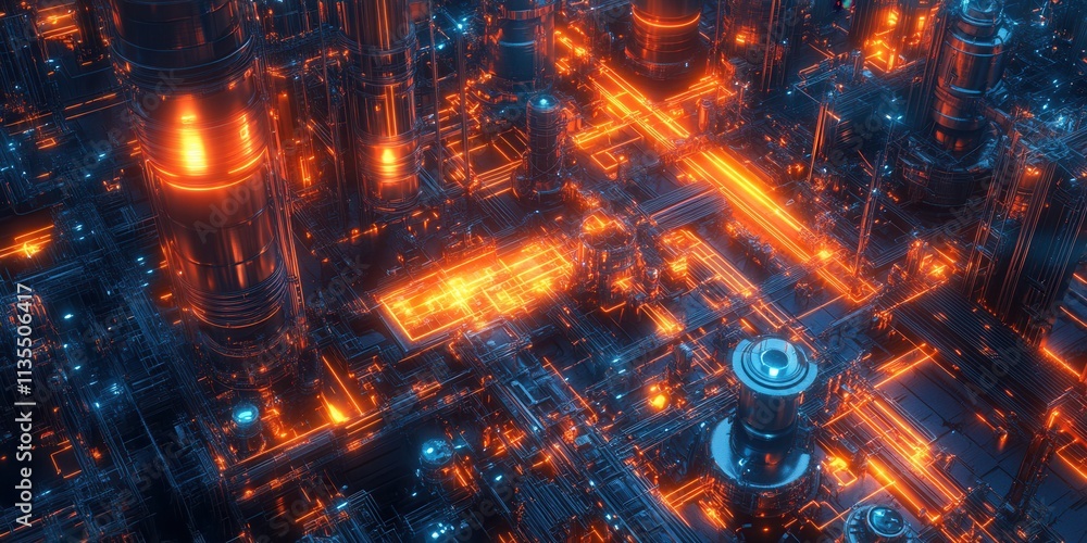 Poster illuminated blueprint of a self-sustaining robotic industrial complex showcasing innovative design a