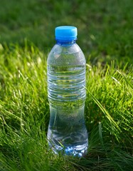 Refreshing water bottle in vibrant green grass.
