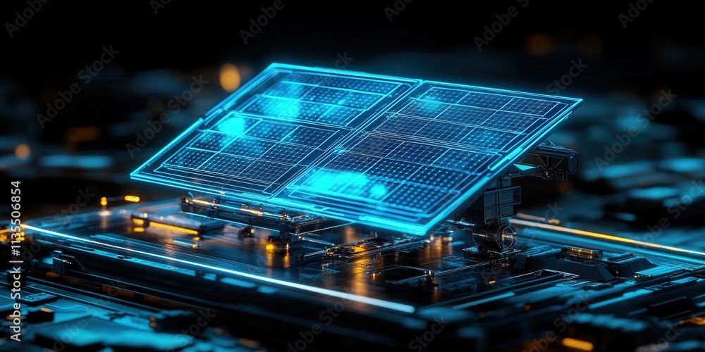 Poster cyan hologram of robotic solar tracker, showcasing advanced technology for efficient solar energy co