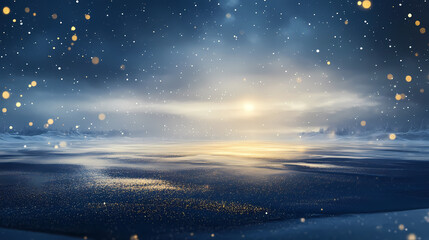 Fototapeta premium Arctic twilight elegance. icy blue surface with drifting gold powder. luxurious winter wonderland. sophisticated celebration backdrop. Nightfall. Illustration