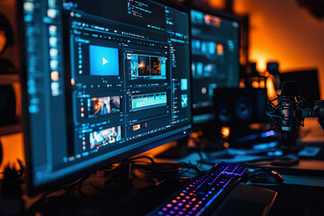 Multiple monitors showcase sophisticated video editing software in elegant home office setting