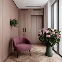 Serene Modern Interior Design with Pink Hydrangeas and Armchair