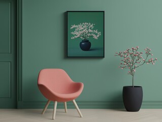 Serene Green Room with Pink Flowers and Modern Chair