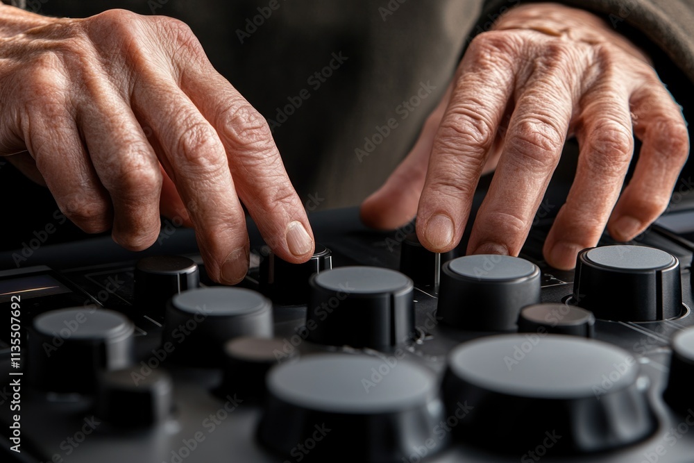 Poster hands adjusting knobs on control panel.