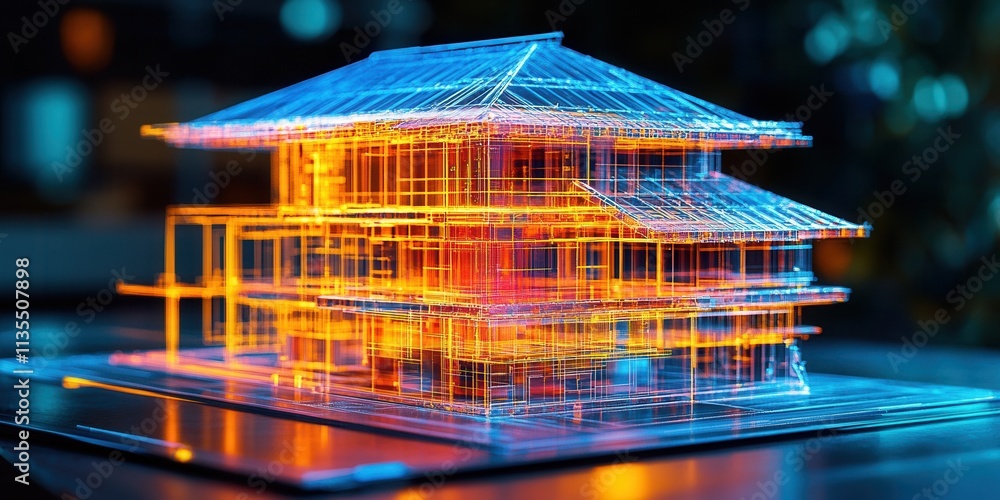 Poster futuristic holographic display of an innovative modular building system, showcasing advanced archite